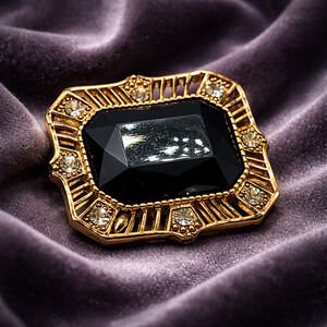 Vintage Black Enamel Rhinestone Art Deco Style Brooch Pin